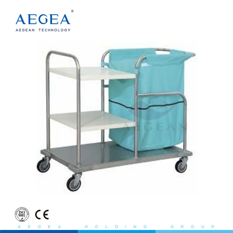 AG-SS018 CE ISO Stainless Steel berpakaian mobile tiga lapisan dengan satu tas troli linen kotor